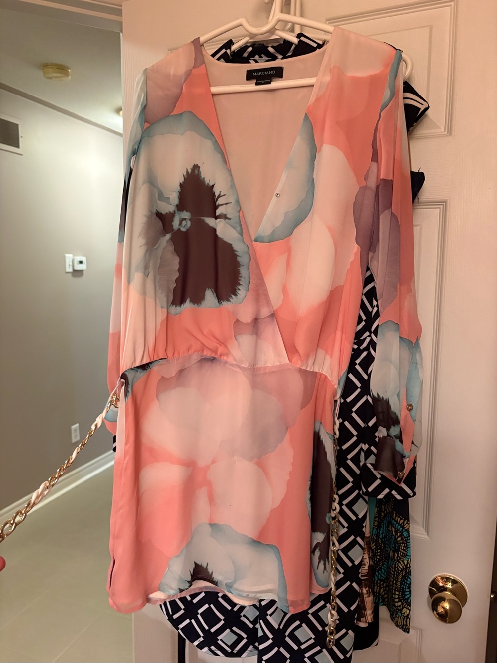 Marciano Pink and Blue Floral V-Neck Dress